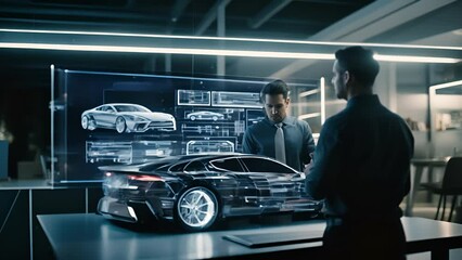 Professional automotive engineers working on an augmented reality 3D prototype of an electric vehicle chassis. Automotive innovation facility. Future smart auto