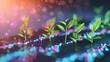 Conceptual visualization of young plants growing amidst glowing digital connections symbolizing growth and technology
