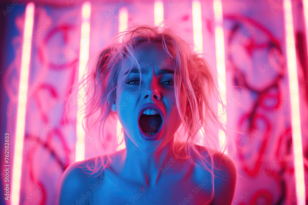 naked sexy young blonde girl screaming with her mouth open during