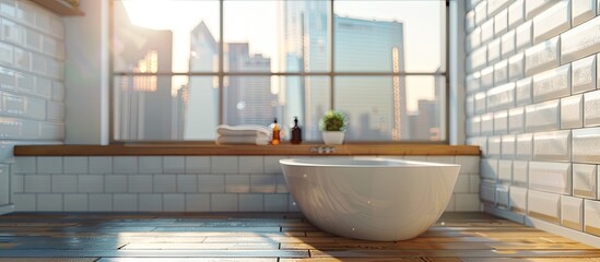 Sticker - A bathroom in a house with a tub and a window showcasing a view of the city. The room features hardwood flooring and a glass fixture