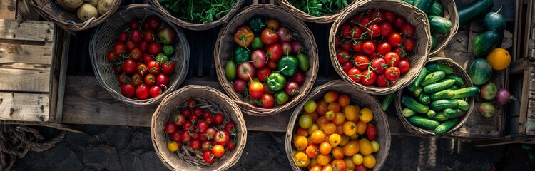 Wall Mural - fresh ripe vegetables in round baskets on the market