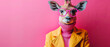 A quirky image of a giraffe donning a stylish pink jacket and chic sunglasses against a vibrant pink backdrop