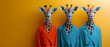 Three giraffes dressed in colorful suits posing with a bright yellow background
