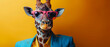 A fashionable giraffe in a blue suit and pink glasses poses with poise against a striking orange background