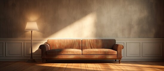 Poster - A brown leather couch sits on the hardwood floor of a living room, next to a lamp. The wood flooring is beautifully varnished, creating an elegant and cozy setting for any event