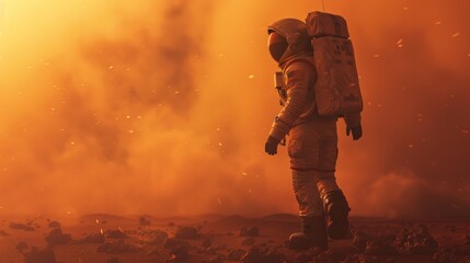 Poster - Courageous Astronaut in the Space Suit Explores Red Planet Mars Covered in Mist. Adventure. Space Travel, Habitable World and Colonization Concept.