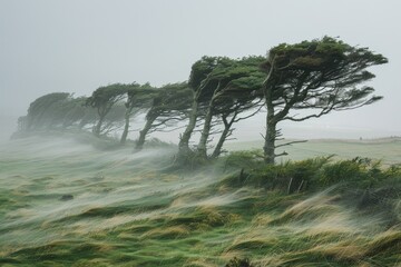 Windswept trees leaning in unison on a hazy grassy landscape