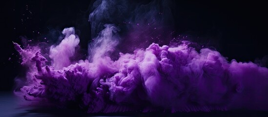 Wall Mural - A cloud of purple smoke billows from a container against a black backdrop, resembling a violet cumulus cloud in the sky. The gas appears electric blue and magenta, with a hint of petallike texture