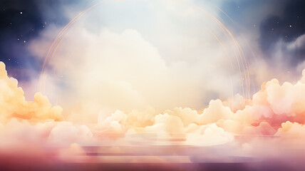 Wall Mural - an empty golden podium on a cloudy background for the presentation of goods in watercolor style