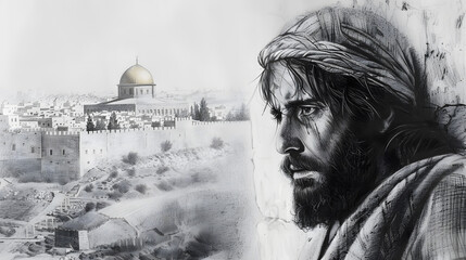 Wall Mural - The moment when Jesus pauses to look upon Jerusalem with compassion and sorrow, using pencil shading to convey the depth of emotion in his expression.