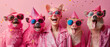 A creative image showing animals dressed as party-goers in vibrant pink feather boas and sunglasses, celebrating