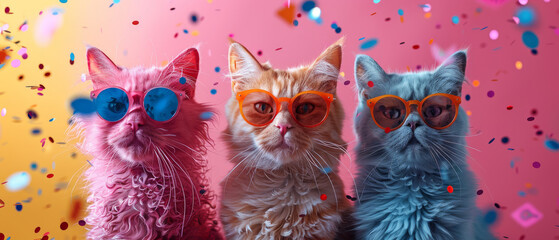 Wall Mural - A trio of cats sporting colorful sunglasses amidst a shower of confetti creates a festive and playful atmosphere