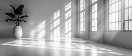 Wall Mural - This is a mock-up of a white empty room with wood laminate flooring with sunlight casting a shadow on the wall. This is the perspective of minimalist interior design.