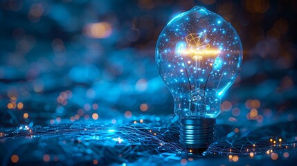 Poster - Renewable energy. Solar panel with light bulb. Low poly design. Geometric background. Wireframe light connection structure. Modern 3d graphic concept. Isolated modern illustration.