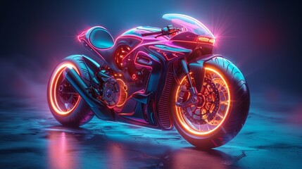 Aufkleber - Concept for biker sports racing landing page with futuristic motorcycle illustration on blue background. Glowing isometric motorcycle concept for events like race meetings.