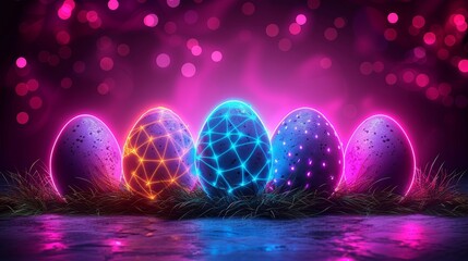 Leinwandbilder - An Easter banner decorated with neon ribbon in a digital style with a night style background. Modern illustration of an Easter banner.