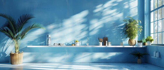 Fototapete - Interior of a blue kitchen with an island. The kitchen is stylish with white countertops and utensils. The kitchen is full of appliances. The kitchen is designed to be a working space with 3D