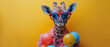 A delightful giraffe surrounded by colorful balloons, wearing vibrant red glasses, set against a lively yellow backdrop