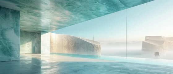Leinwandbilder - Abstract futuristic glass architecture with an empty concrete floor in 3D.