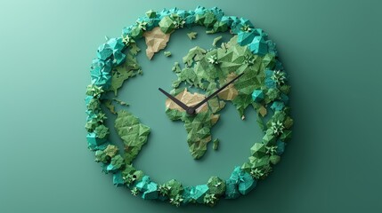 Canvas Print - Low poly wireframe earth clock. Land resources run out. Polygonal abstract isolated on green background. Modern illustration.