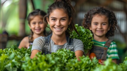 Sticker - The young mother of a family of three harvests vegetables on an organic farm. The family of three is self-sufficient and harvests vegetables from their own vegetable patches.