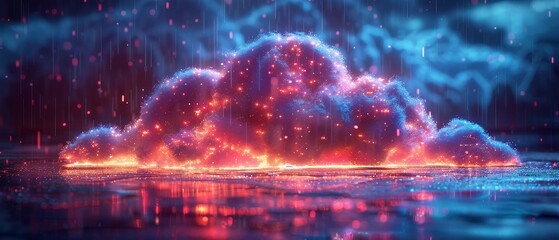 Poster - Data storage in shapes of cloud with digital rain consists of square bits, neon lines. Computer network connecting to cloud storage or data center, exchanging data.
