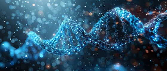 Poster - An abstract DNA molecule helix under protection of a shield Medical gene editing genetic biotechnology engineering concept Low poly digital style Geometric wireframe connection structure 3D graphic