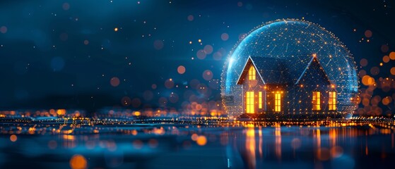 Aufkleber - A blue glass dome with sunrays encircles a modern 3D house icon. Conceptual illustration of protection. Concept of green energy. Low poly style. Blue geometric background. Wireframe structure. Modern