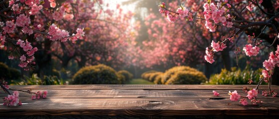 Sticker - An empty wooden table with bokeh background in Sakura Flower Park with a country outdoor theme, a template mockup for product display