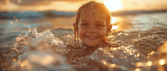 Poster - Summer vacation and healthy lifestyle concept with happy child playing in the sea. Toned image.