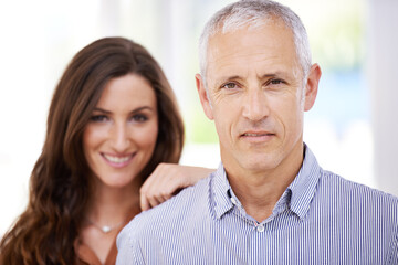 Wall Mural - Portrait, happy and senior man with woman for love, commitment and support with trust for relationship. Couple, age difference and together with pride for connection, bonding and respect with loyalty