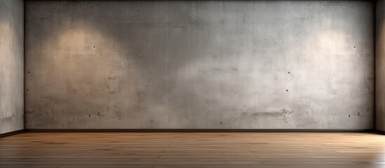 Wall Mural - A room with a wooden floor of rich brown hardwood, contrasting against the dark concrete walls. The rectangular shape of the room creates a sense of minimalistic artistry