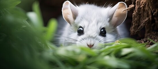 Sticker - A carnivorous Felidae with whiskers is eyeing a white mouse peeking out of a tree hole. The terrestrial animals snout is closeup, ready to pounce on the small prey