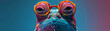 A vivid chameleon sports hipster eyeglasses in a bright and colorful close-up portrait