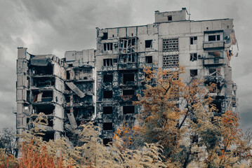 destroyed and burned houses in the city during the war in Ukraine