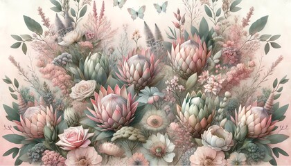 Wall Mural - Watercolor painting of Proteas Floral