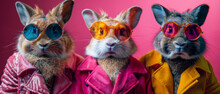 A Group Of Cheeky Rabbits Wearing Bold Sunglasses And Jackets Against A Pink Background For A Playful Vibe