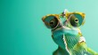 Cool chameleon wearing sunglasses on a solid color background, copy and text space, 16:9