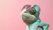 Cool chameleon wearing sunglasses on a solid color background, copy and text space, 16:9