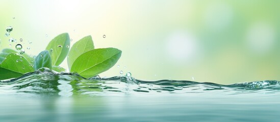 Poster - A closeup image capturing the beauty of green leaves gracefully plunging into the tranquil waters, creating a soothing visual of natures harmony