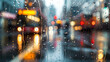 A blurred view of a wet city street, with a bus in the background. Raindrops on the pavement add to the wetness of the scene