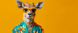 Kangaroo dressed in a tropical aloha shirt posing confidently, symbolizing leisure and vacation vibes on a yellow background