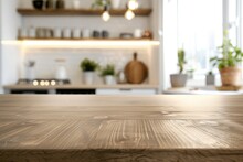 Empty Wooden Table And Blurred Background Of Modern Kitchen, Product Display Montage