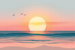 Abstract ocean sunset with wavy patterns. Digital art illustration of a seaside at dusk with flying birds. Peaceful beach and nature concept for design and print