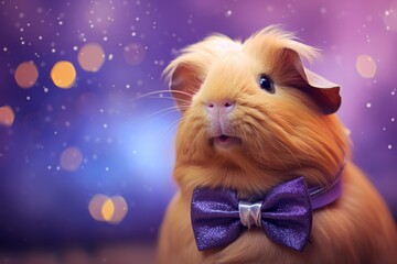 Wall Mural - A guinea pig wearing a dapper pastel yellow bow tie, seated on a pastel lavender background adorned with twinkling constellations.