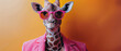 An elegant giraffe dons a pink jacket and heart-shaped glasses, offering a hilarious blend of wildlife and human fashion