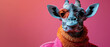 A quirky giraffe digitally altered with sunglasses and sweater on a red to pink gradient background
