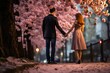 
Portrait shot capturing a person proposing with their hand on a city park street lined with blooming cherry blossoms in spring, with the partner gently blurred in the background