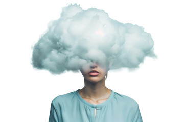 Woman with cloud head isolated on transparent background. Depression and mental health concept.