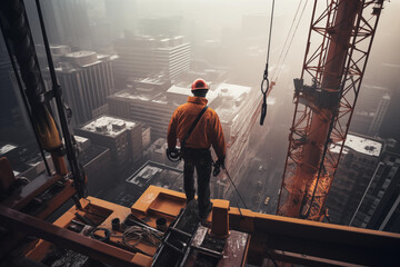 Back view of man worker in crane sitting high with beautiful view on modern city. Generative AI